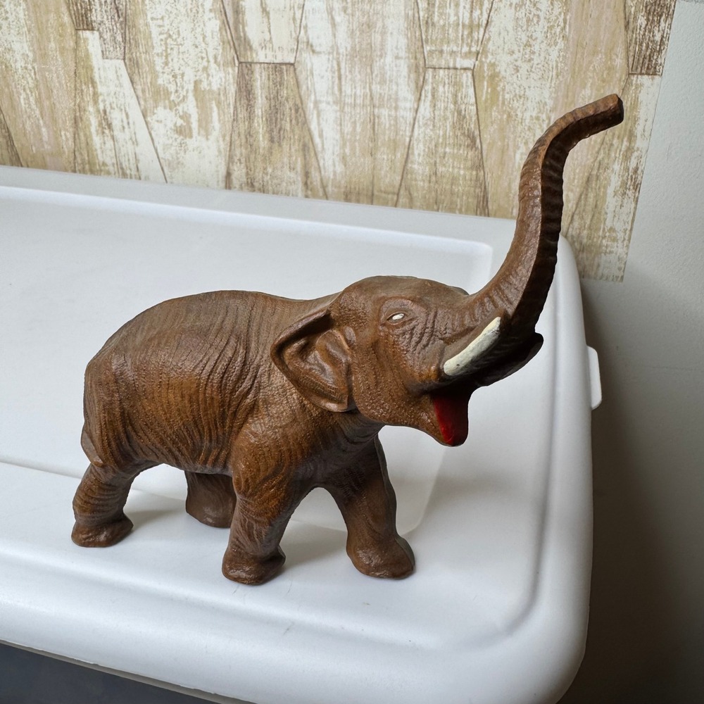 Vintage Wood Elephant Figurine Trunk Up Lucky Charm Brown Home‎ Decor